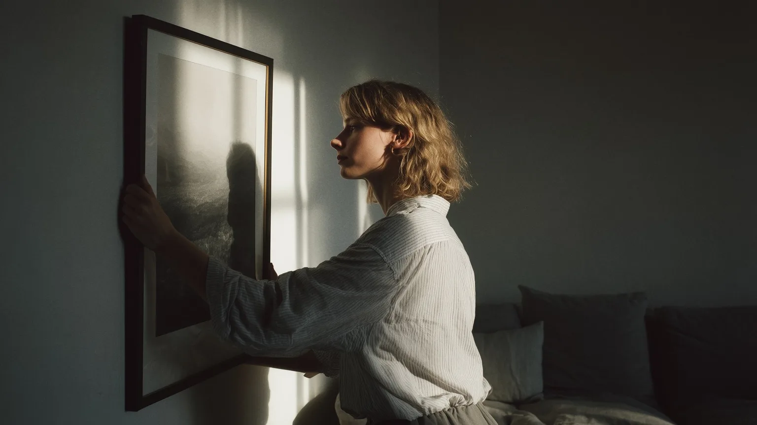 Art prints hung on a wall without drilling using adhesive strips in a rental apartment