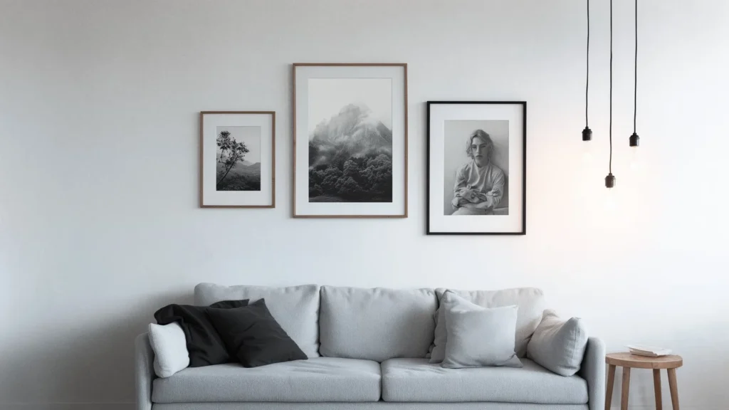 Three framed pictures at different heights above a sofa, hung without drilling