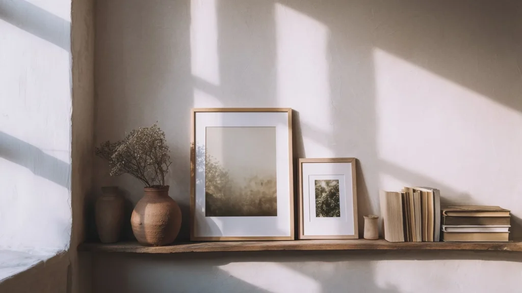 Art print resting on a narrow shelf against a wall, showing a clean no-drill display method