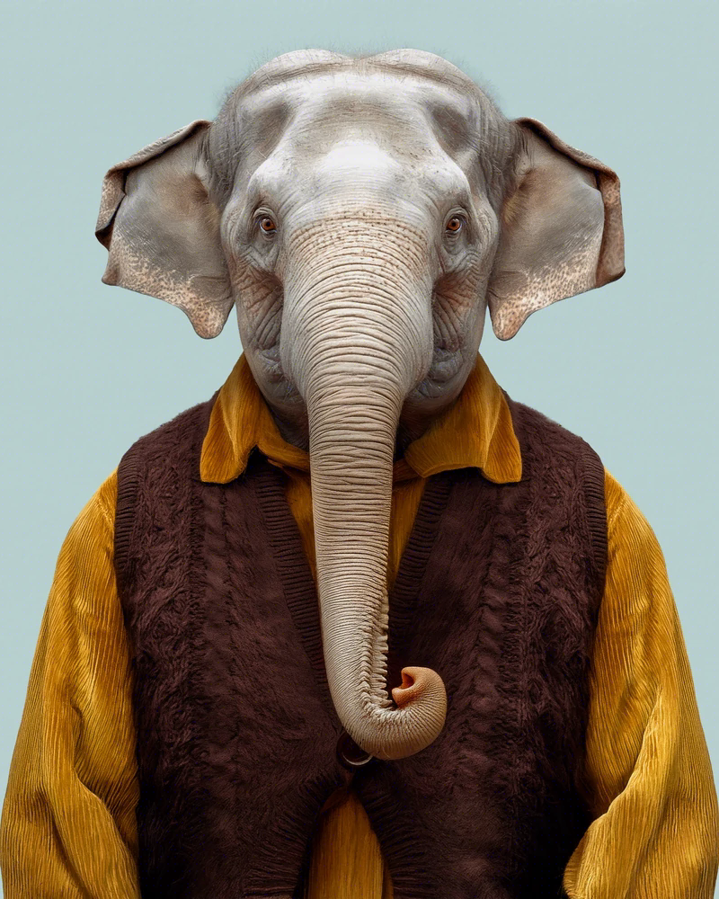 Frontal, realistic portrait of an Asian elephant with medium-sized ears and no visible tusks, wearing a mustard corduroy shirt and a textured brown gentleman's waistcoat, on a plain celadon-green background; looking straight ahead. This is Bagus, a character from Yago Partal's Animal Kinhood series.