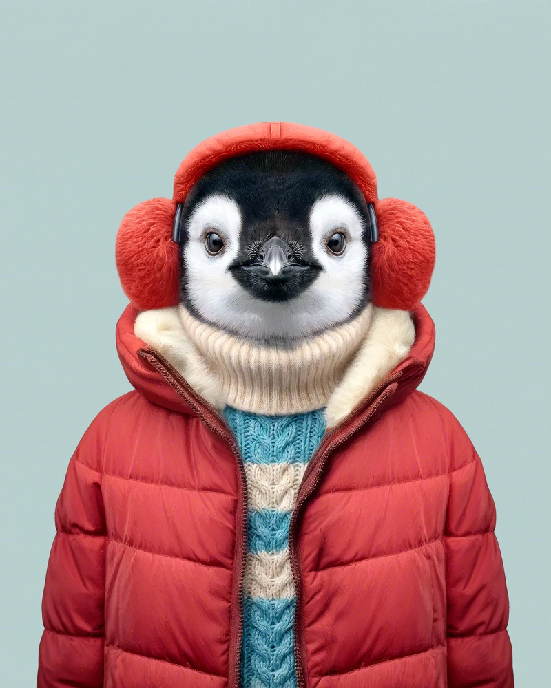 Retrato frontal y realista de una cría de pingüino emperador con la máscara facial blanca y negra y ojos oscuros grandes, vestida con un plumón rojo, orejeras rojas de pelo y gorro rojo, cuello alto de punto crema y un jersey de ochos azul claro debajo, sobre fondo gris azulado liso. Es Birdie, personaje de la serie Animal Kinhood de Yago Partal.
