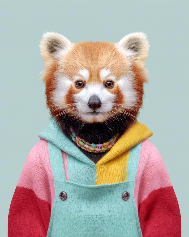 Retrato frontal y realista de una panda roja joven, de pelaje rojizo-castaño, cara blanca con marcas y orejas orladas de blanco, ojos oscuros grandes, vestida con un peto de punto color turquesa con dos botones, sobre un jersey de bloques rosa y rojo, una capucha amarilla asomando por el cuello y un collar de cuentas de colores con una cadena fina dorada, sobre fondo gris verdoso liso. Es Dolma, personaje de la serie Animal Kinhood de Yago Partal.