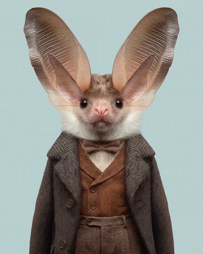 Realistic frontal portrait of a long-eared bat with very long ears, dressed in a bow tie, a brown herringbone vest, a cream knit sweater and a greyish-brown tweed coat, against a plain celadon-green background; slender muzzle, gazing straight ahead. This is Gavino, a character from the Animal Kinhood series by Yago Partal.