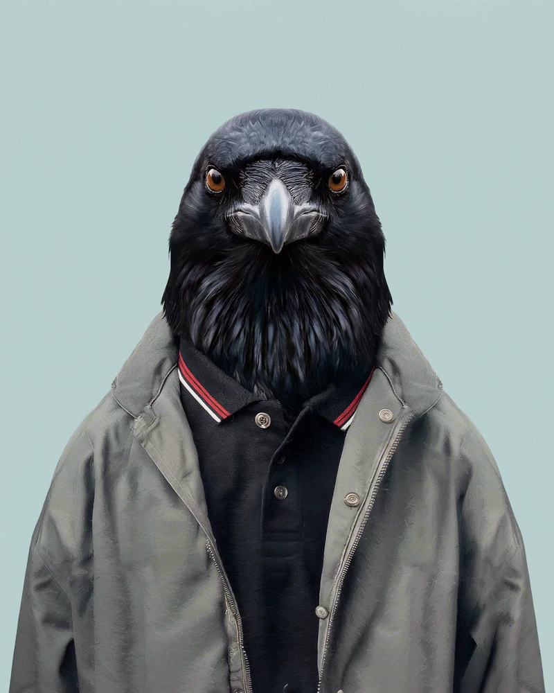 Realistic frontal portrait of a raven with black plumage with a blue sheen, an amber eye and a thick grey beak, dressed in a greyish-green work jacket over a black polo shirt with a red-and-white trimmed collar, against a plain celadon-green background; gazing straight ahead. This is Hrafn, a character from the Animal Kinhood series by Yago Partal.
