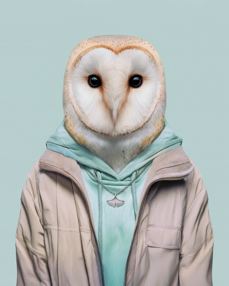 Portrait frontal et réaliste d'une chouette effraie au disque facial blanc en forme de cœur et aux bords couleur abricot, les yeux sombres ; elle porte un anorak beige à col montant et, dessous, un sweat à capuche vert menthe, sur un fond uni. C'est Isabella, personnage de la série Animal Kinhood de Yago Partal.