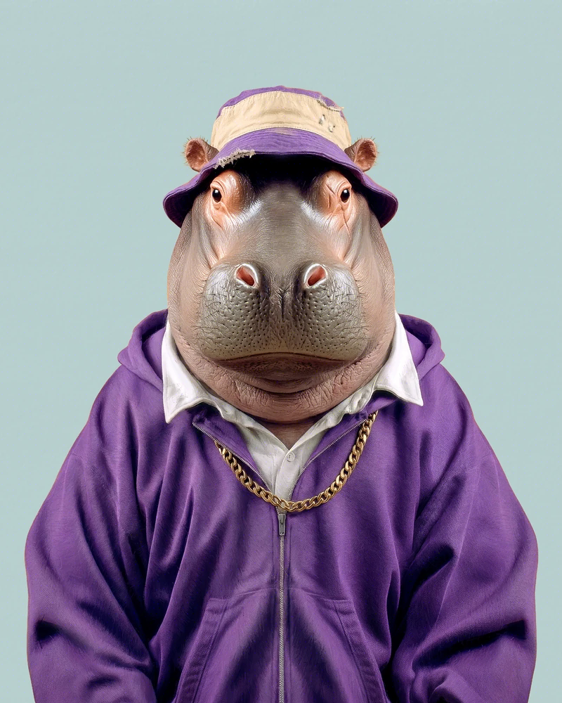 Retrato frontal de Limbani, un hipopótamo macho joven de hocico ancho y ojos pequeños de párpado rosado, con las orejas redondas a los lados de la cabeza. Lleva un gorro de pescador morado con la copa de lona cruda y el ala desgastada, una sudadera morada de capucha y cremallera, una camisa blanca de cuello abotonado debajo y una cadena gruesa de eslabones dorados. Fondo liso verde celadón.