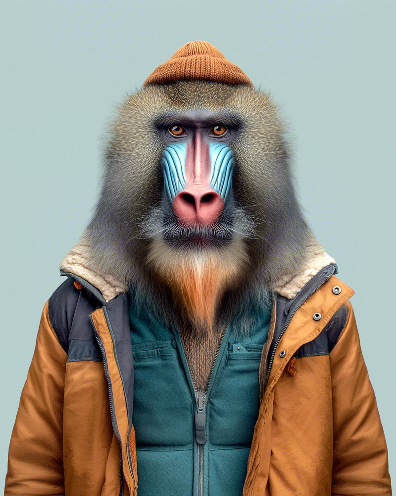 Retrato frontal de Ndong, un mandril adulto de máscara facial azul y roja y barba anaranjada, con gorro de lana naranja, chaquetón de faena ocre con cuello de borreguito y mono de trabajo verde petróleo, sobre fondo liso verde azulado.