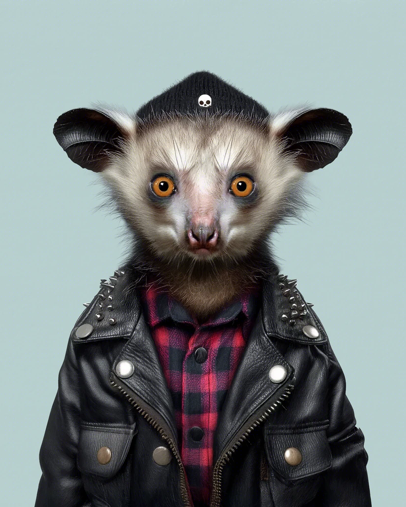 Retrato frontal de Stan, un aye-aye macho joven de pelaje claro en la cara y ojos ámbar muy grandes, con las orejas oscuras a los lados. Lleva un gorro de lana negro calado hasta las orejas con una calavera blanca pequeña bordada en el frente, una cazadora de cuero negro con tachuelas de pincho en los hombros, cremallera metálica y botones plateados, y debajo una camisa de franela de cuadros rojos y negros abotonada. Fondo liso verde celadón.