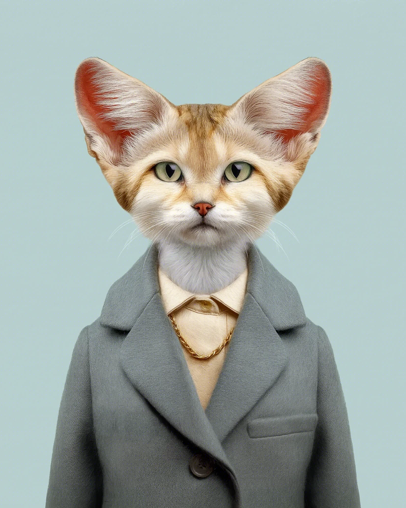 Retrato frontal de Tiziri, una hembra adulta de gato de las arenas, de pelaje color arena y orejas muy grandes y bajas, con abrigo de lana gris verdoso, camisa color crema y una cadena fina de oro, sobre fondo liso verde azulado.
