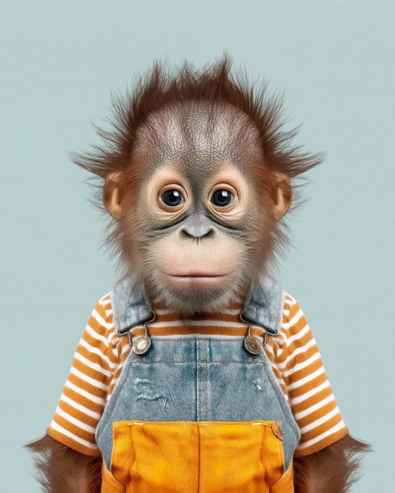 Portrait frontal et réaliste d'un petit orang-outan de Sumatra, au pelage roux rouille, au visage gris au regard vif et aux grands yeux sombres, vêtu d'une salopette en jean de denim sur un t-shirt à rayures orange et blanc, sur fond gris verdâtre uni. C'est Togar, personnage de la série Animal Kinhood de Yago Partal.