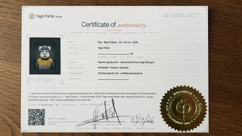 Physical certificate of authenticity · hand-signed and numbered, with embossed seal and Verisart QR