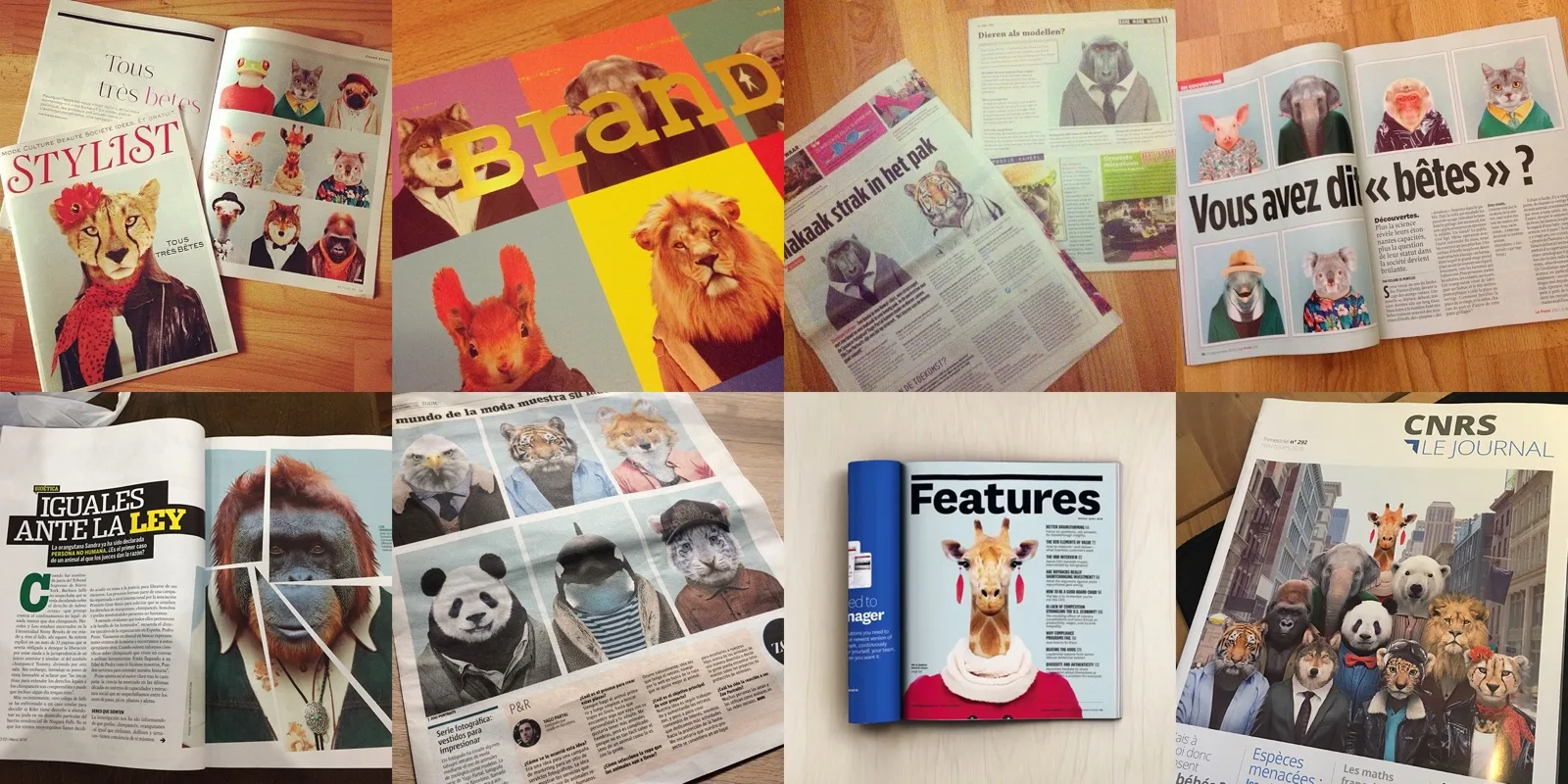 Mosaic of international editorial coverage · Stylist, BranD Magazine, Le Point, El Mundo, CNRS Le Journal, among others