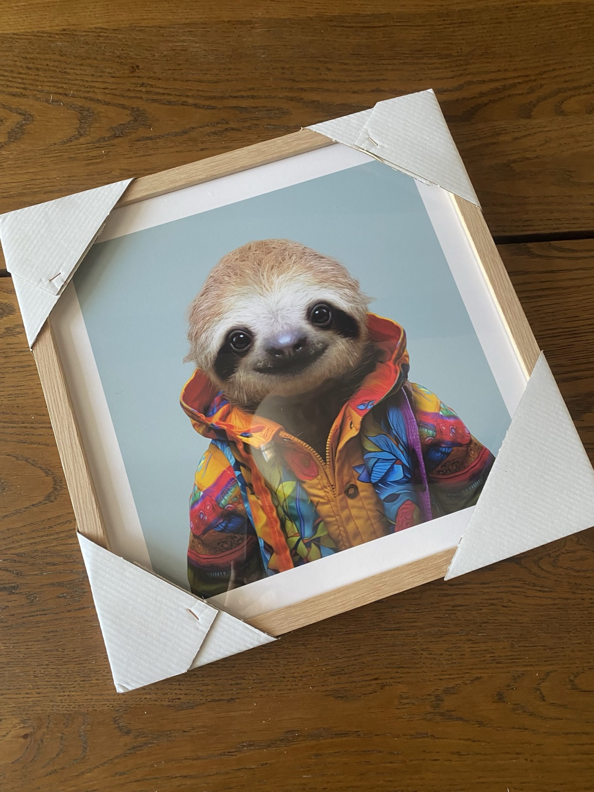 Oak-framed print with shipping corner protectors